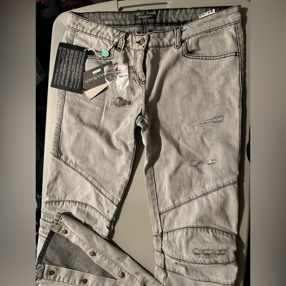 Balmain Distressed Grey Biker Jeans